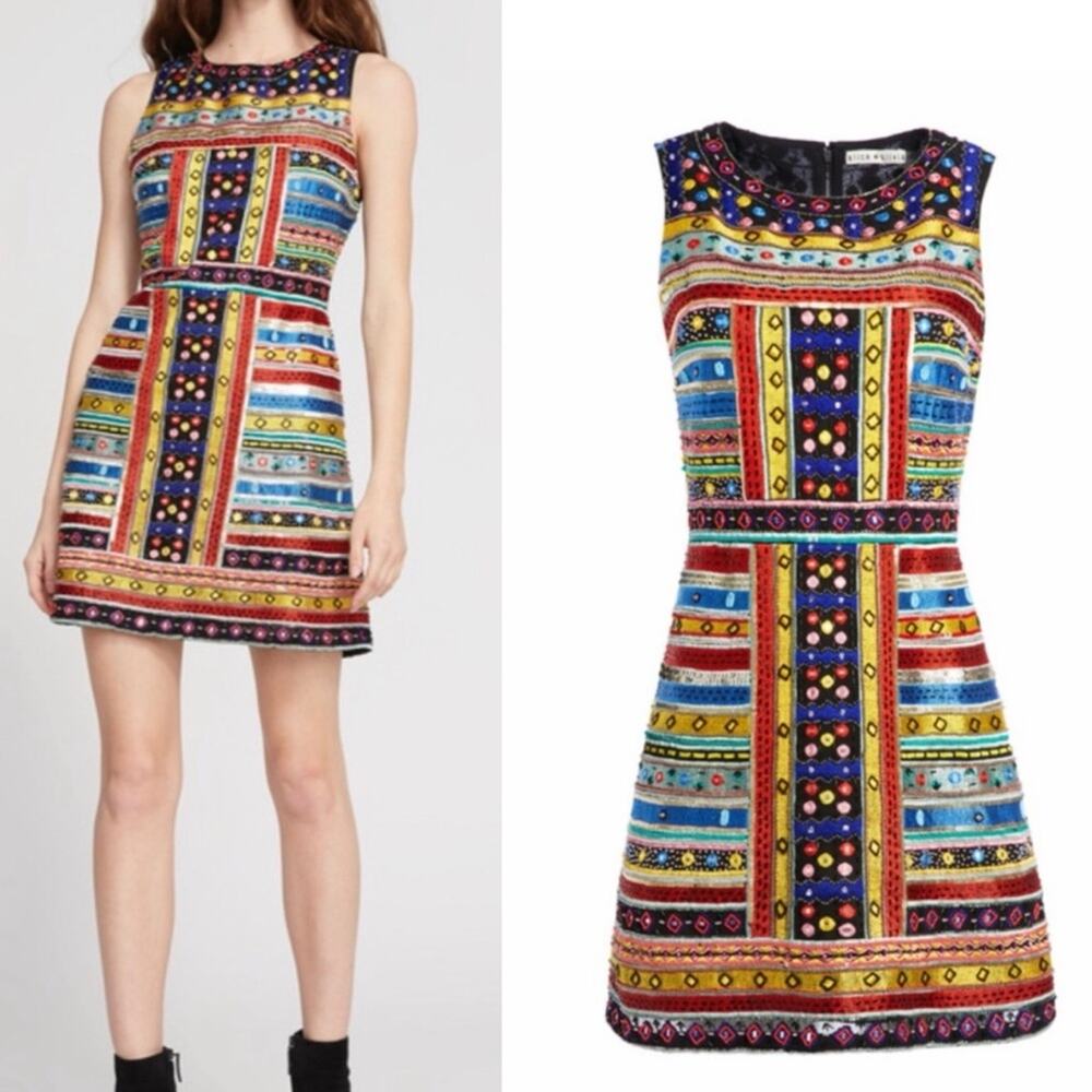 Alice and Olivia Malin Embellished Beaded Embroidered Dress Multicolor Size 8